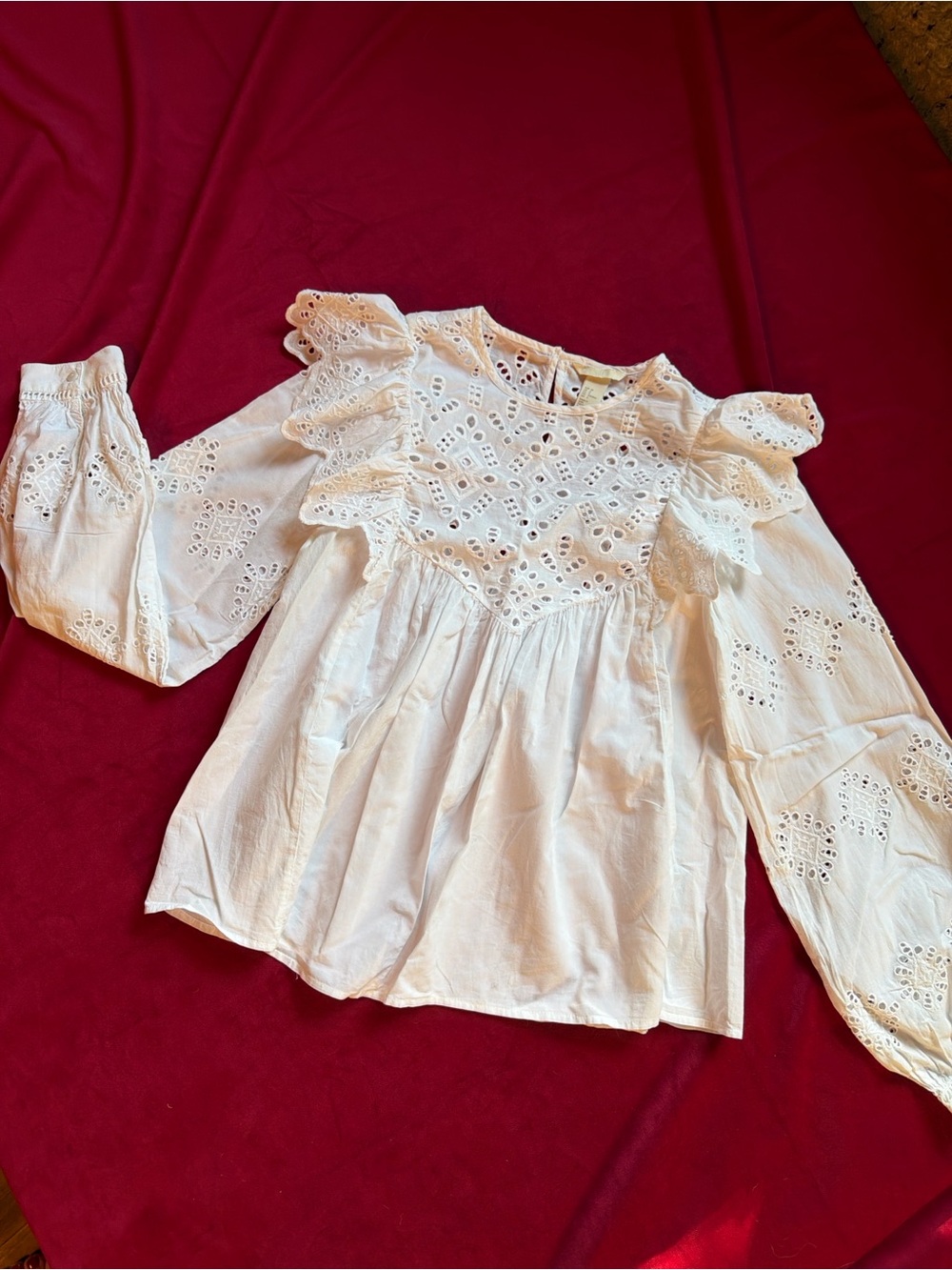 H&M White Eyelet embroidered lace Ruffle Long-Sleeve Top